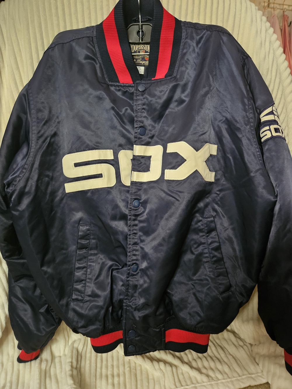 Navy SOX Satin Bomber Jacket with Red-Trim Ribbing